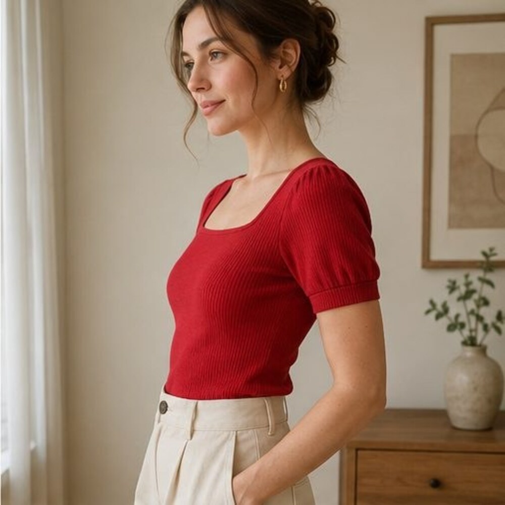 Red Ribbed Square Neck Top - Picture 3 of 6
